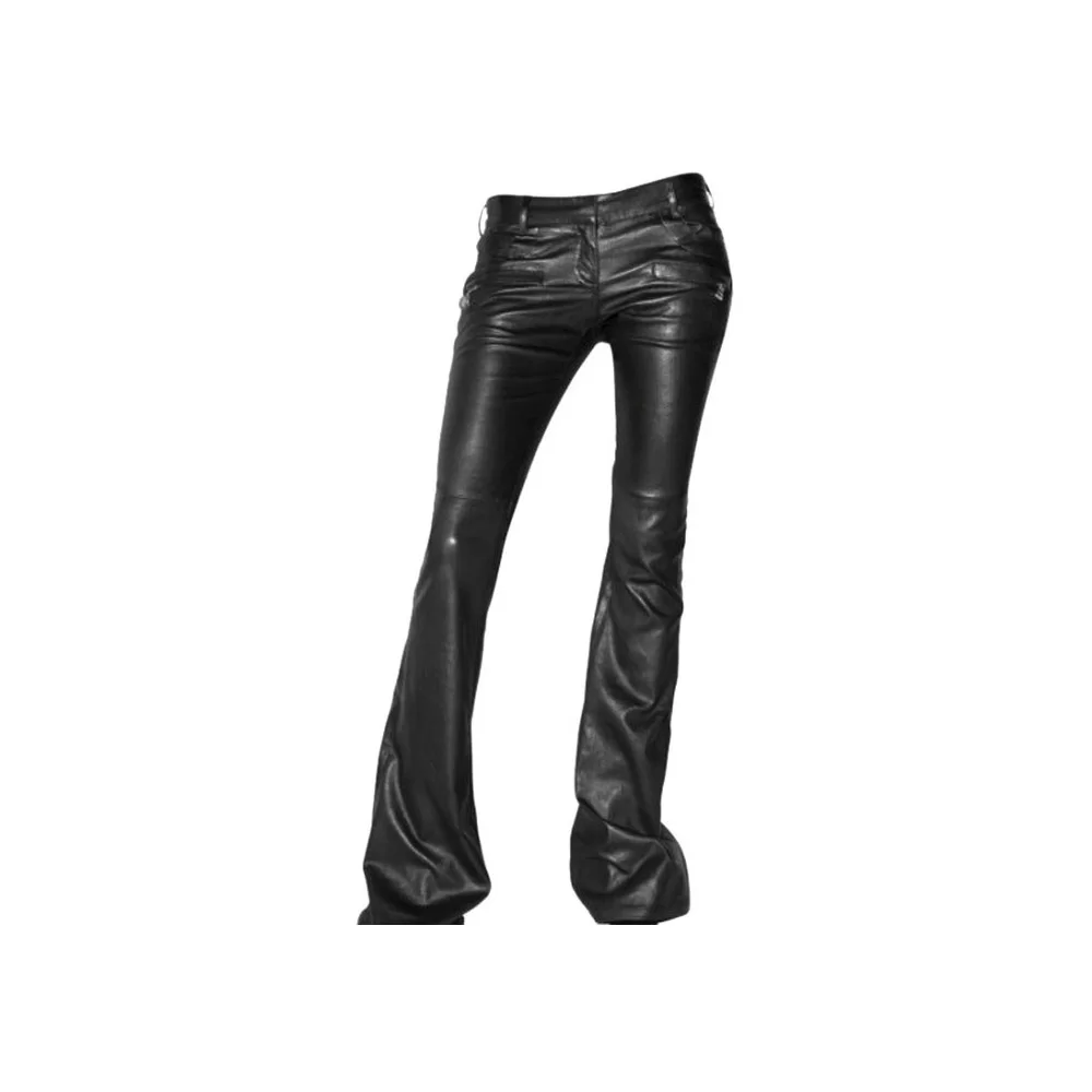 Pantalon en cuir d'agneau noir bas large modèle Kandy