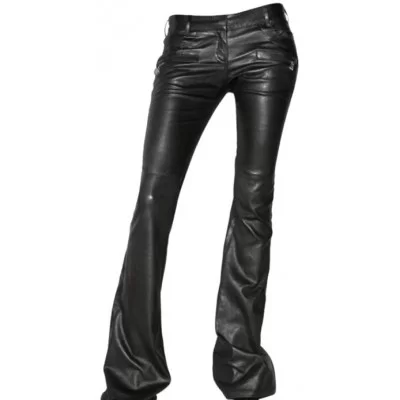 Pantalon en cuir d'agneau noir bas large modèle Kandy