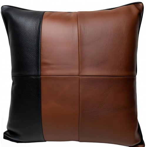 Coussin ou oreiller en cuir vachette sauvage marron et vachette noir 45 x 45 cm housse ref: 040