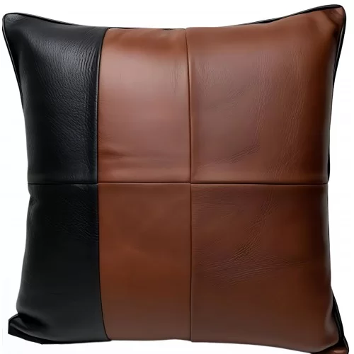 Coussin ou oreiller en cuir vachette sauvage marron et vachette noir 45 x 45 cm housse ref: 040