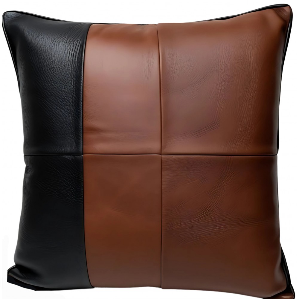 Coussin ou oreiller en cuir vachette sauvage marron et vachette noir 45 x 45 cm housse ref: 040