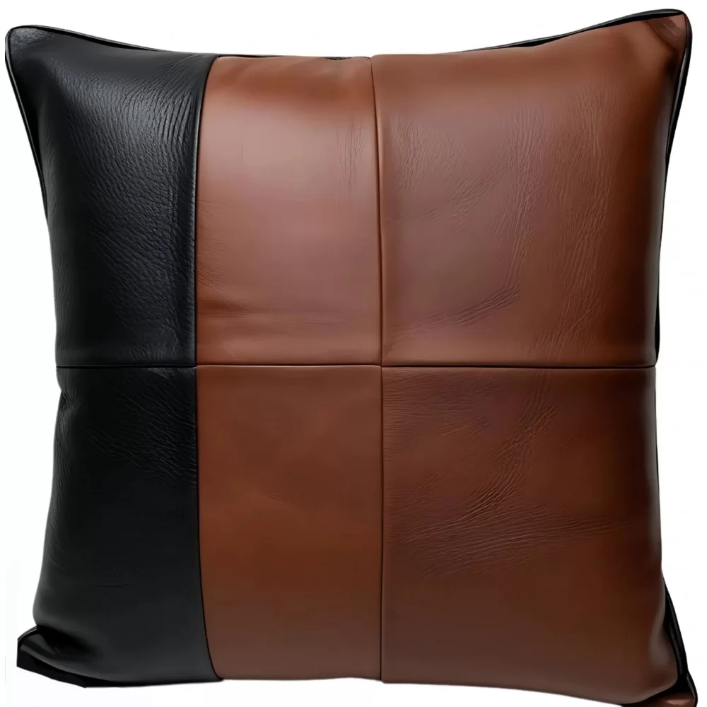 Coussin ou oreiller en cuir vachette sauvage marron et vachette noir 45 x 45 cm housse ref: 040