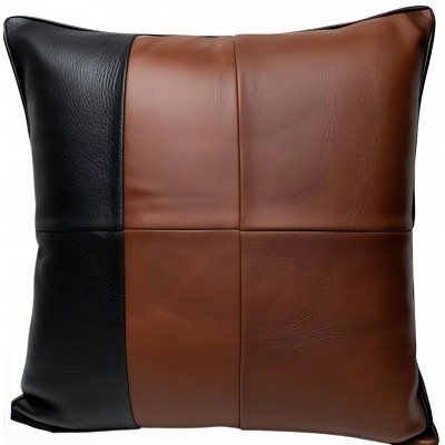 Coussin ou oreiller en cuir vachette sauvage marron et vachette noir 45 x 45 cm housse ref: 040