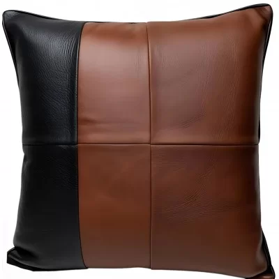 Coussin ou oreiller en cuir vachette sauvage marron et vachette noir 45 x 45 cm housse ref: 040