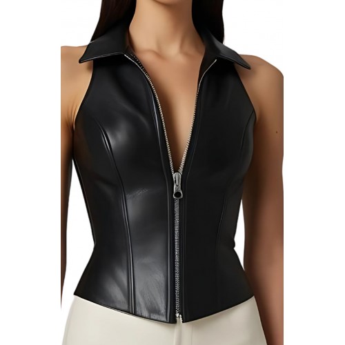 Bustier en cuir d'agneau noir zip sur l'avant modèle Berchka