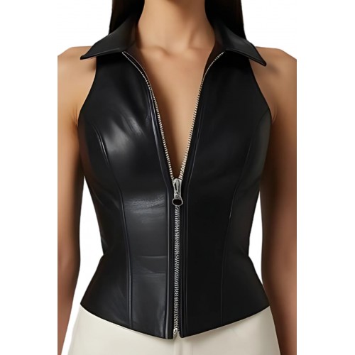 Bustier en cuir d'agneau noir zip sur l'avant modèle Berchka
