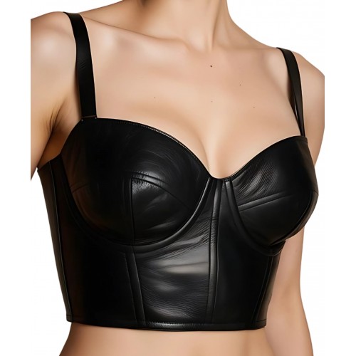 Bustier court  en cuir d'agneau noir zip sur l'avant modèle Birniade