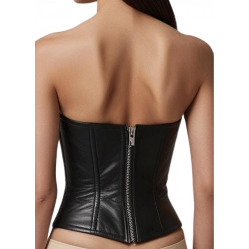 Bustier en cuir d'agneau noir zip arrière et rivets ronds métal argent modèle Rocka