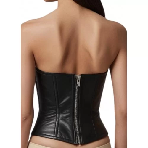 Bustier en cuir d'agneau noir zip arrière et rivets ronds métal argent modèle Rocka