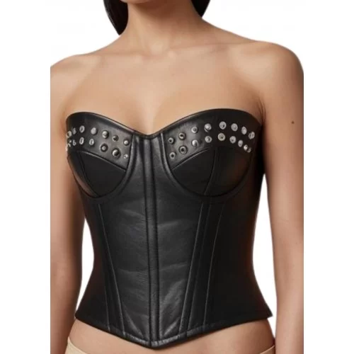 Bustier en cuir d'agneau noir zip arrière et rivets ronds métal argent modèle Rocka
