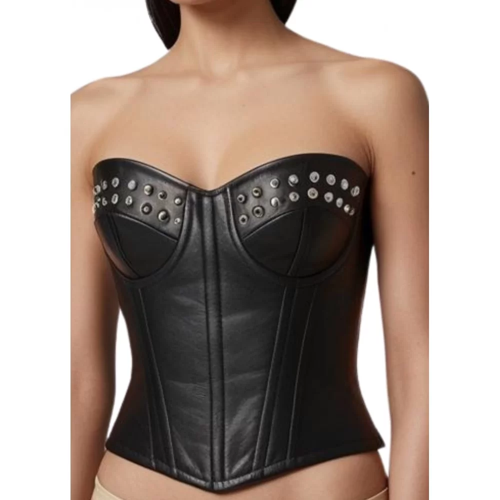 Bustier en cuir d'agneau noir zip arrière et rivets ronds métal argent modèle Rocka