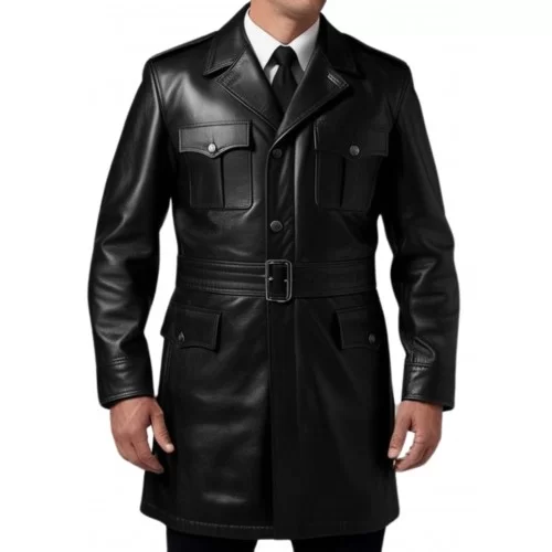 Trois quart cuir style veste de combat avec ceinture homme cuir agneau noir modèle Garice