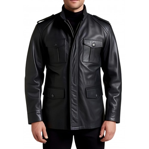 Trois quart cuir veste de combat modèle homme en agneau noir modèle Bataille