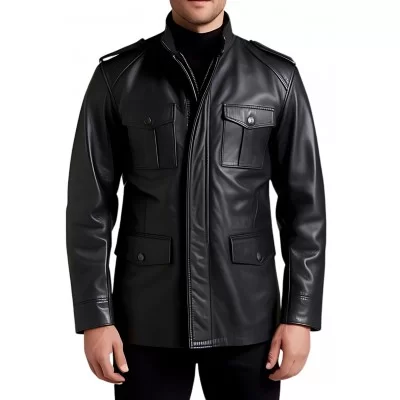 Trois quart cuir veste de combat modèle homme en agneau noir modèle Bataille
