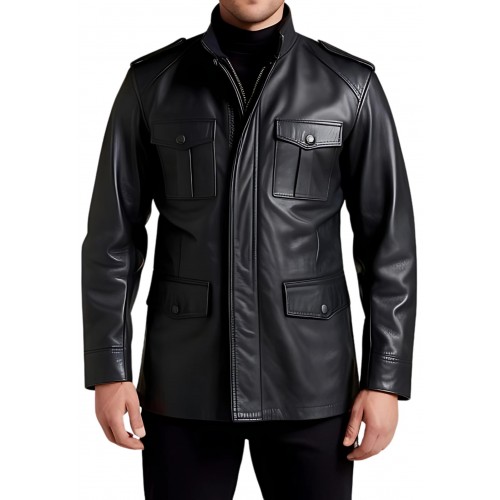 Trois quart cuir veste de combat modèle homme en agneau noir modèle Bataille