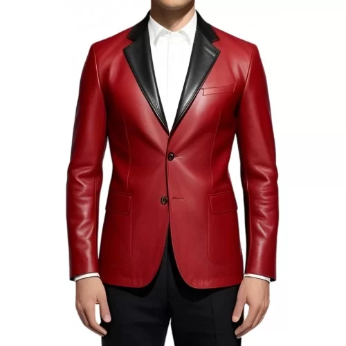 Veste blazer en cuir d'agneau plongé rouge et col noir modèle Dirace