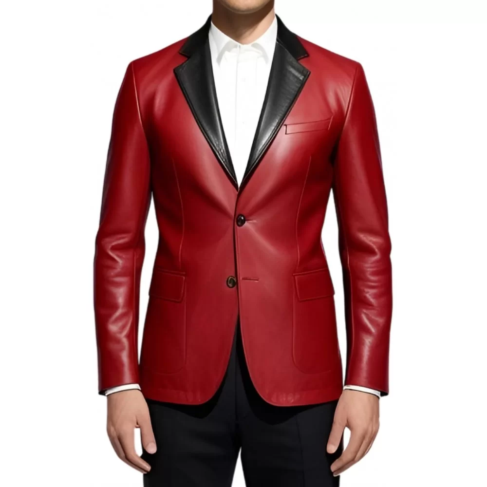 Veste blazer en cuir d'agneau plongé rouge et col noir modèle Dirace