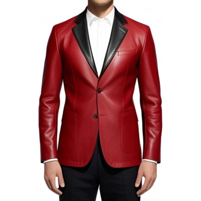 Veste blazer en cuir d'agneau plongé rouge et col noir modèle Dirace