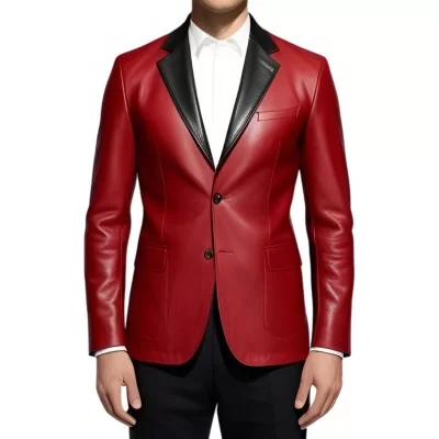 Veste blazer en cuir d'agneau plongé rouge et col noir modèle Dirace