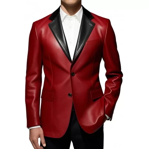 Veste blazer en cuir d'agneau plongé rouge et col noir modèle Dirace