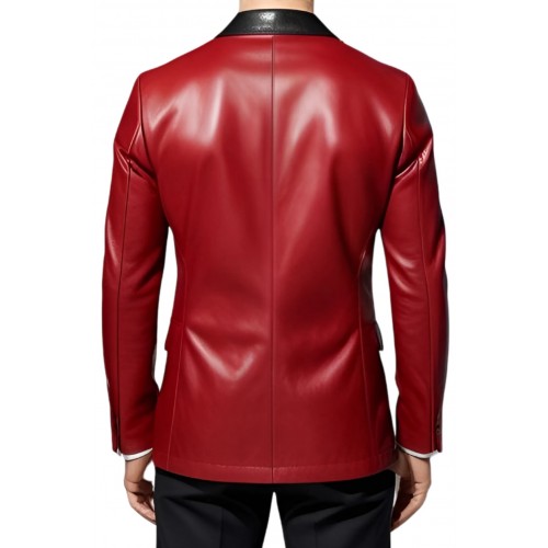 Veste blazer en cuir d'agneau plongé rouge et col noir modèle Dirace