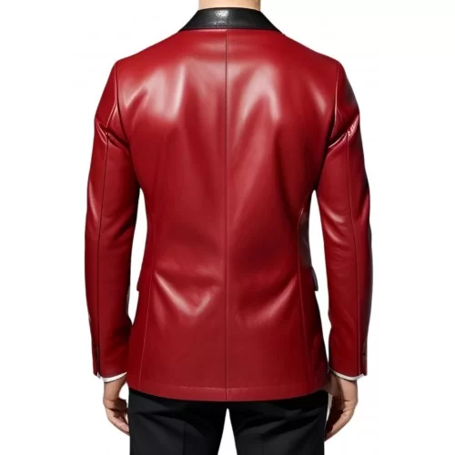 Veste blazer en cuir d'agneau plongé rouge et col noir modèle Dirace