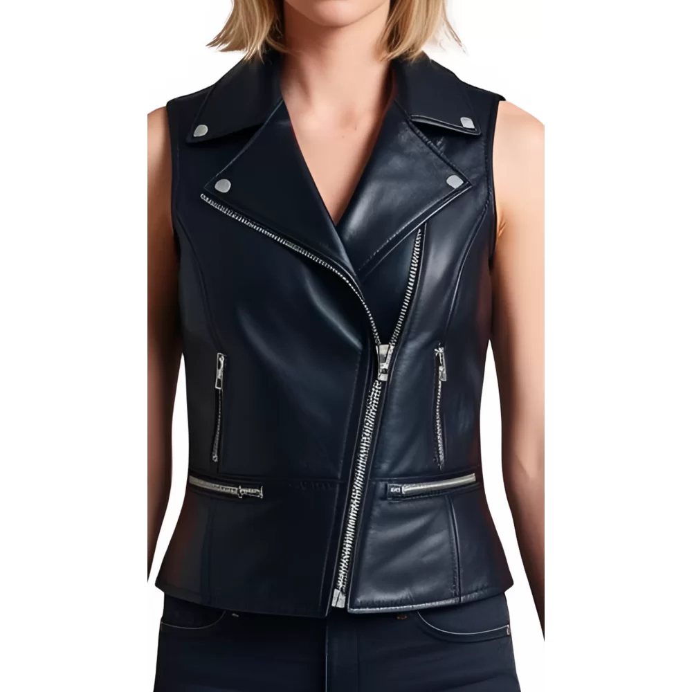 Gilet femme style perfecto en cuir d'agneau noir fermeture par zip modèle Ginie