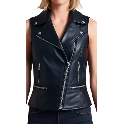 Gilet femme style perfecto en cuir d'agneau noir fermeture par zip modèle Ginie