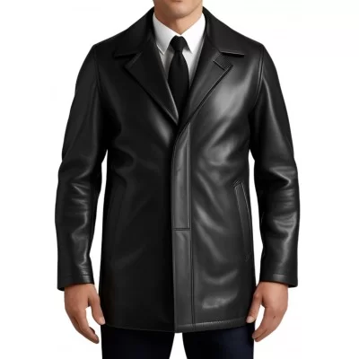 Trois quart cuir fermeture par zip sur l'avant modèle homme en agneau noir modèle Gerarse