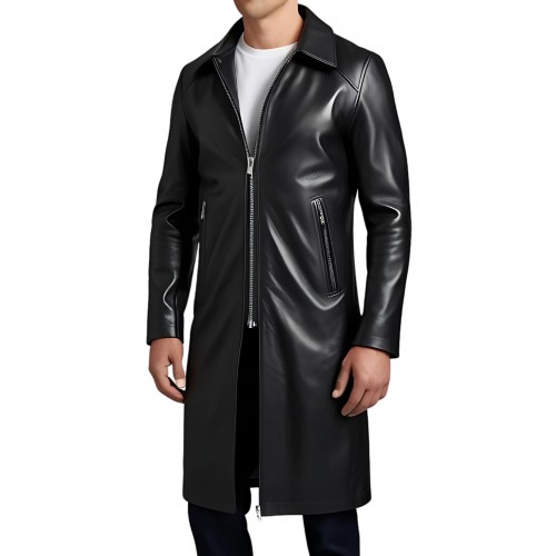 Manteau long cuir homme fermé par zip en agneau noir modèle Brinario