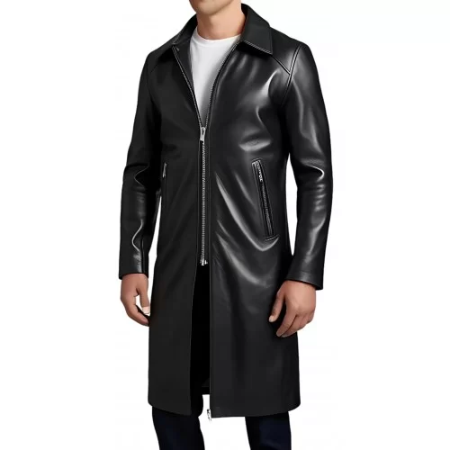 Manteau long cuir homme fermé par zip en agneau noir modèle Brinario