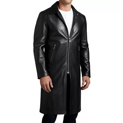 Manteau long cuir homme fermé par zip en agneau noir modèle Brinario