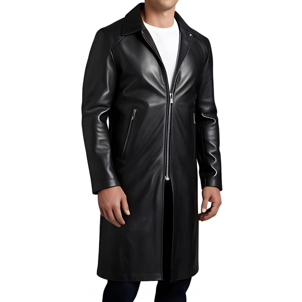 Manteau long cuir homme fermé par zip en agneau noir modèle Brinario