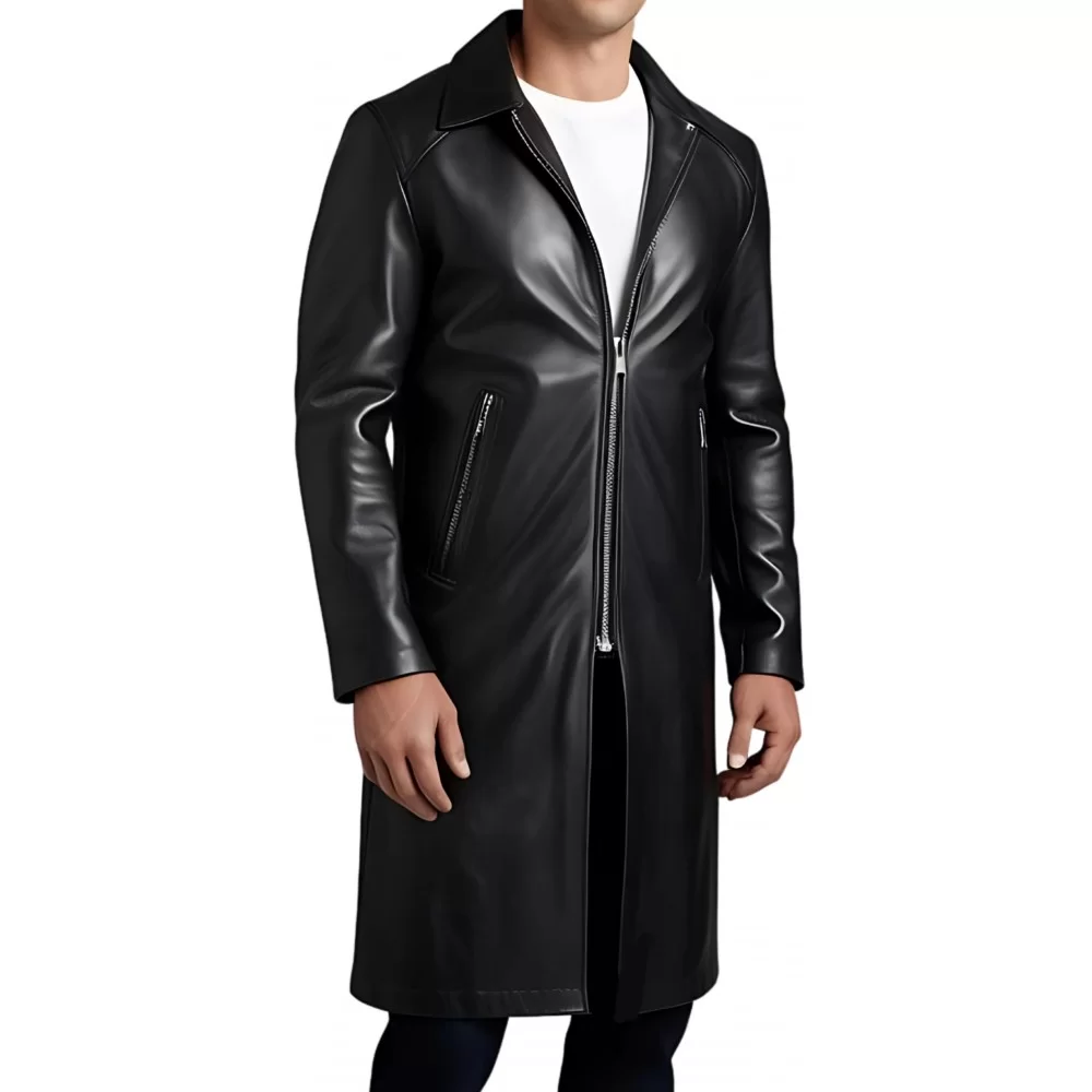 Manteau long cuir homme fermé par zip en agneau noir modèle Brinario
