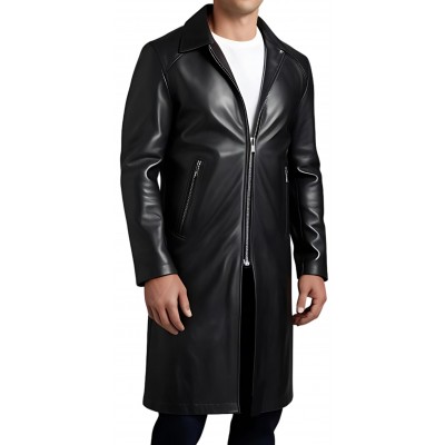 Manteau long cuir homme fermé par zip en agneau noir modèle Brinario