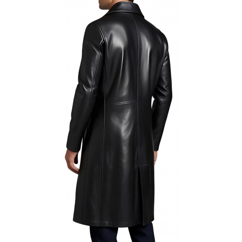 Manteau long cuir homme fermé par zip en agneau noir modèle Brinario