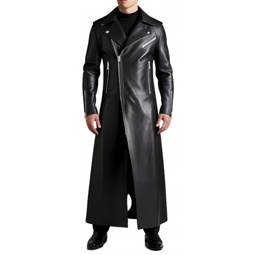 Manteau long en cuir homme style perfecto en agneau noir modèle Trinidade