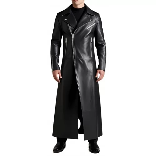 Manteau long en cuir homme style perfecto en agneau noir modèle Trinidade