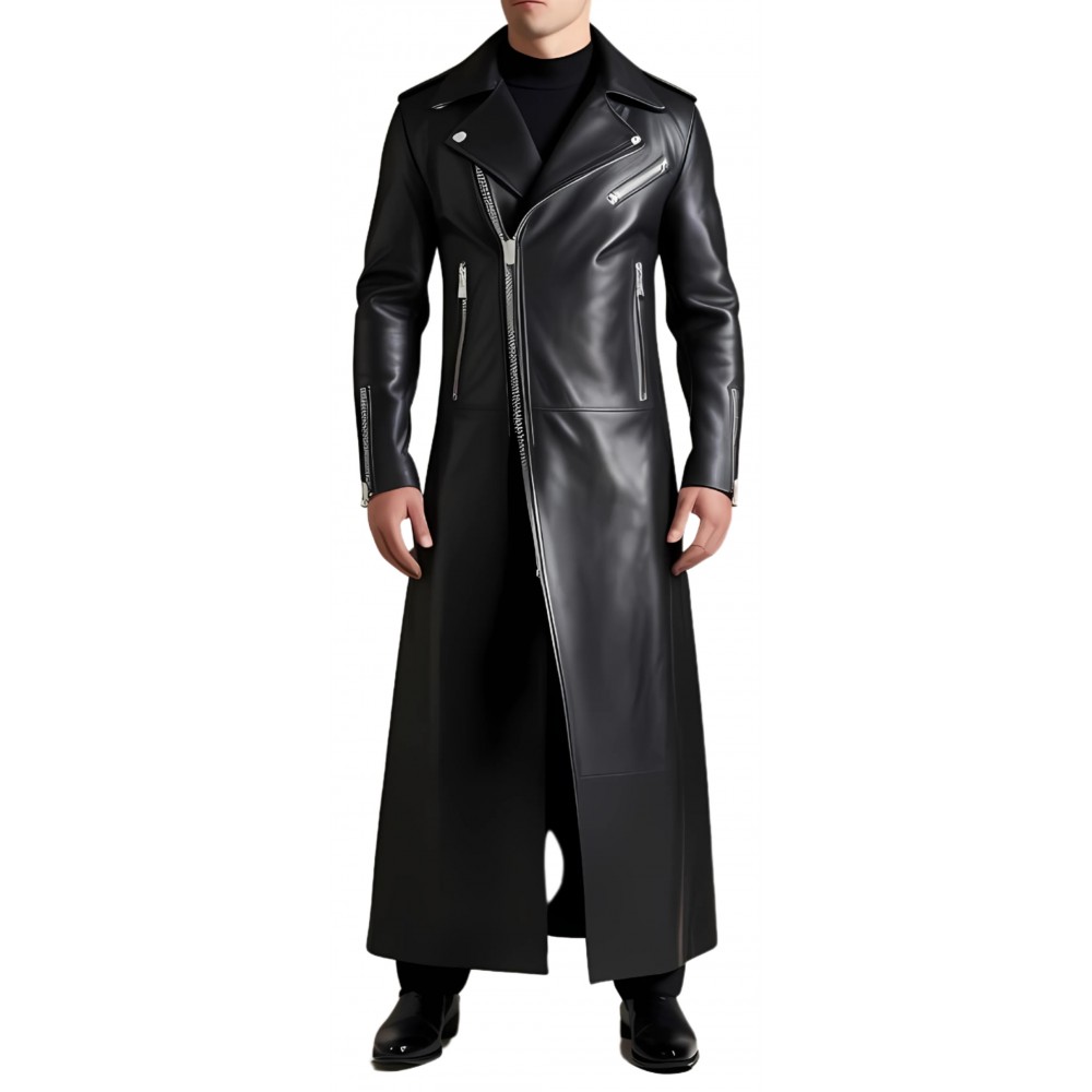 Manteau long en cuir homme style perfecto en agneau noir modèle Trinidade