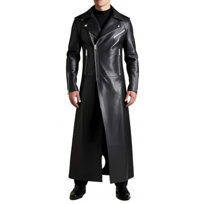 Manteau long en cuir homme style perfecto en agneau noir modèle Trinidade