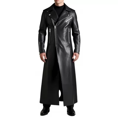 Manteau long en cuir homme style perfecto en agneau noir modèle Trinidade