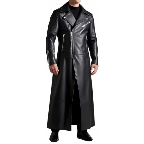 Manteau long en cuir homme style perfecto en agneau noir modèle Trinidade