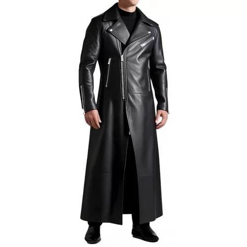 Manteau long en cuir homme style perfecto en agneau noir modèle Trinidade