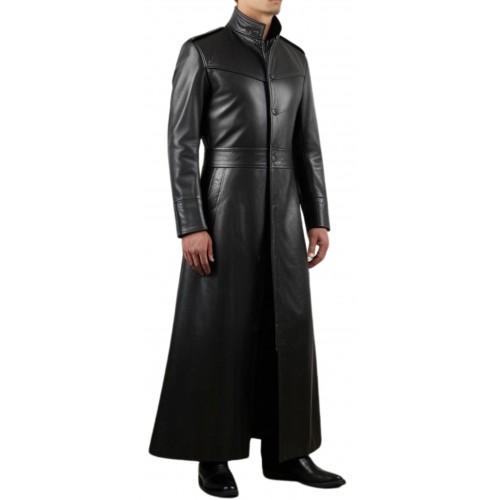 Maxi manteau long en cuir homme style Matrix en agneau noir modèle Myrialo
