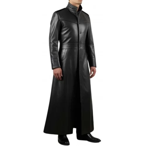 Maxi manteau long en cuir homme style Matrix en agneau noir modèle Myrialo