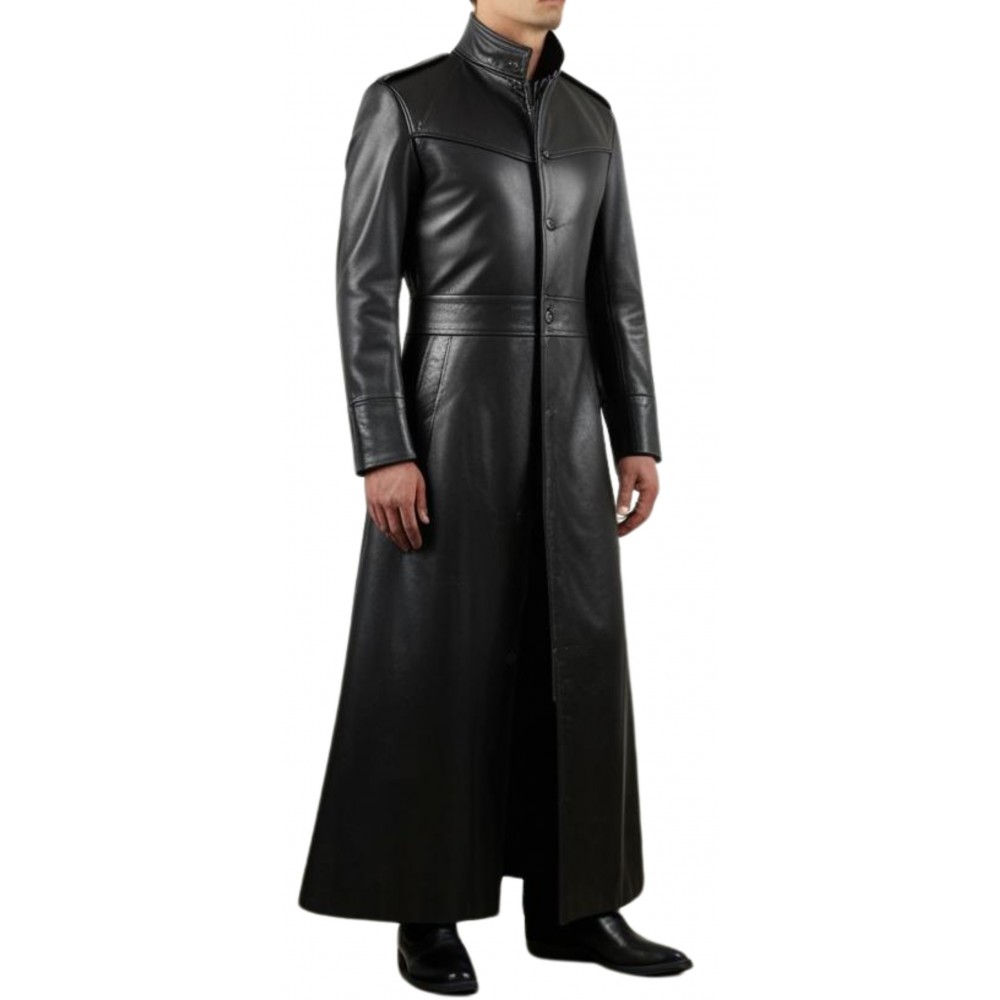 Maxi manteau long en cuir homme style Matrix en agneau noir modèle Myrialo