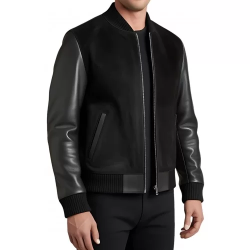 Blouson cuir homme corps en agneau velours noir et manches en cuir d'agneau noir modèle Guy