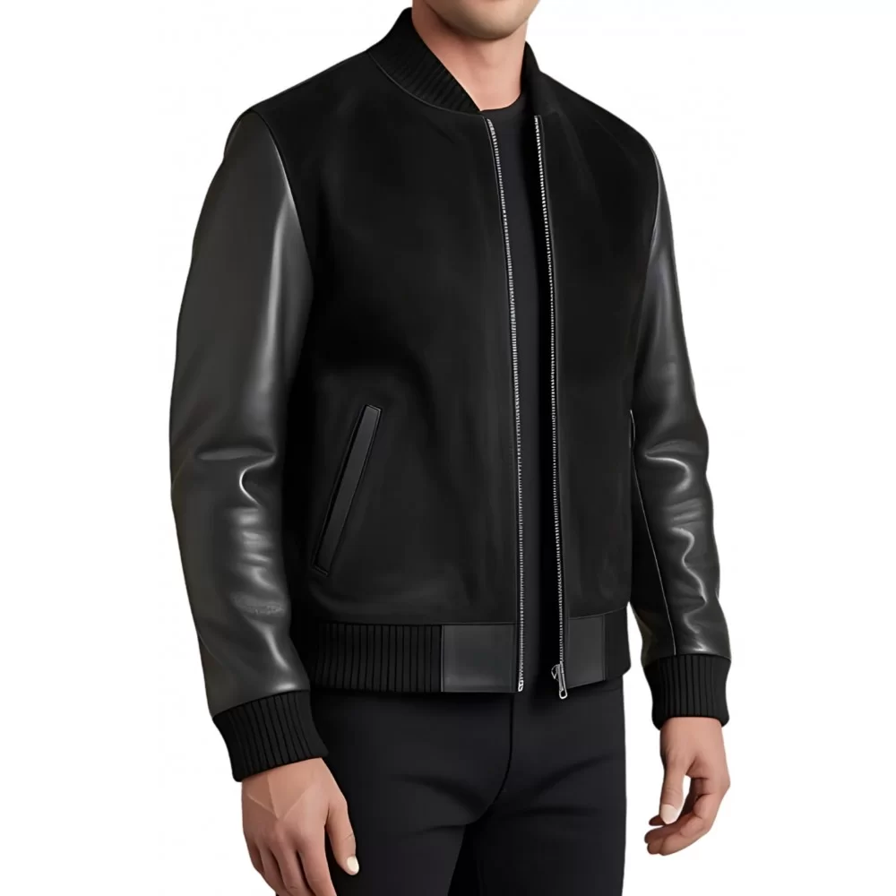 Blouson cuir homme corps en agneau velours noir et manches en cuir d'agneau noir modèle Guy