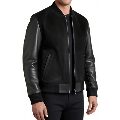 Blouson cuir homme corps en agneau velours noir et manches en cuir d'agneau noir modèle Guy