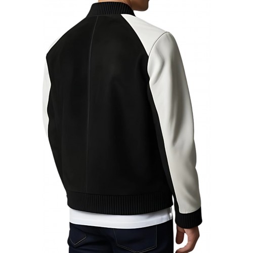 Blouson cuir homme corps en agneau velours noir et manches en cuir d'agneau blanc modèle Frizzo